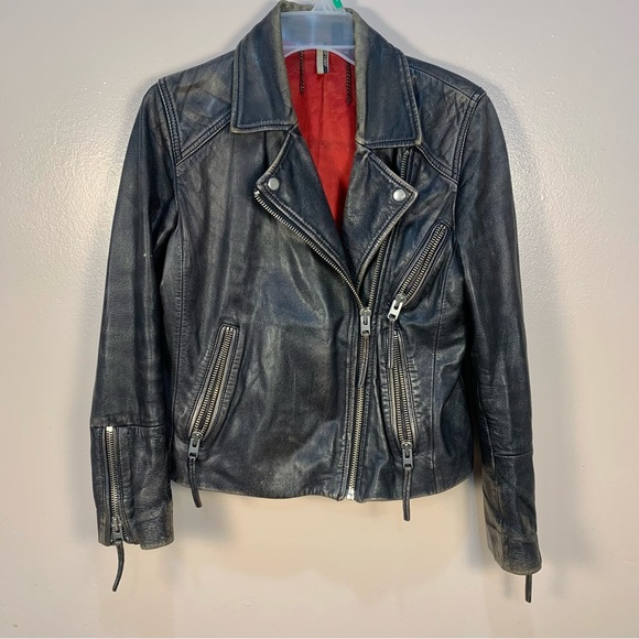 Topshop Jackets & Blazers - Topshop 100% Genuine Leather Distressed Zippers Moto Biker Jacket